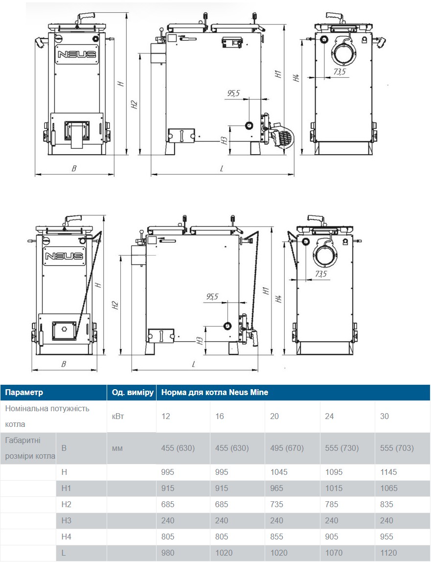 Neus Mine XL Plus 12 кВт Габаритные размеры