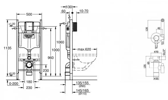 Grohe Rapid SL 3884000G + Paffoni Tweet Round Mix ZDUP110CR Габаритные размеры
