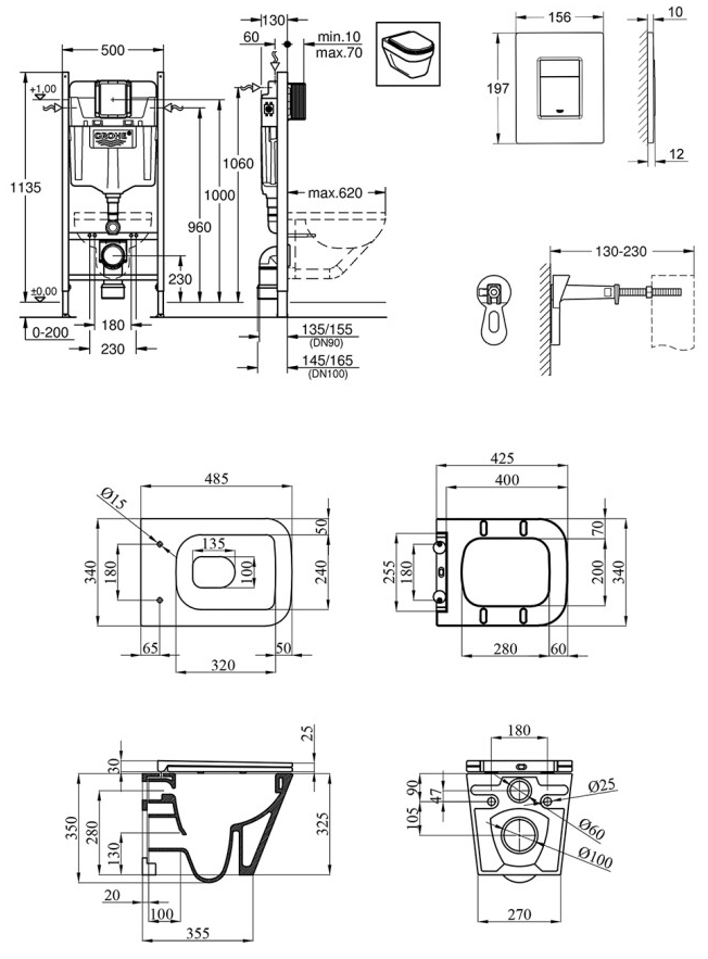 Grohe Rapid SL 3884966Q + Kroner Eifel WHI493436 Tornado (3884966KE493436T) Габаритные размеры