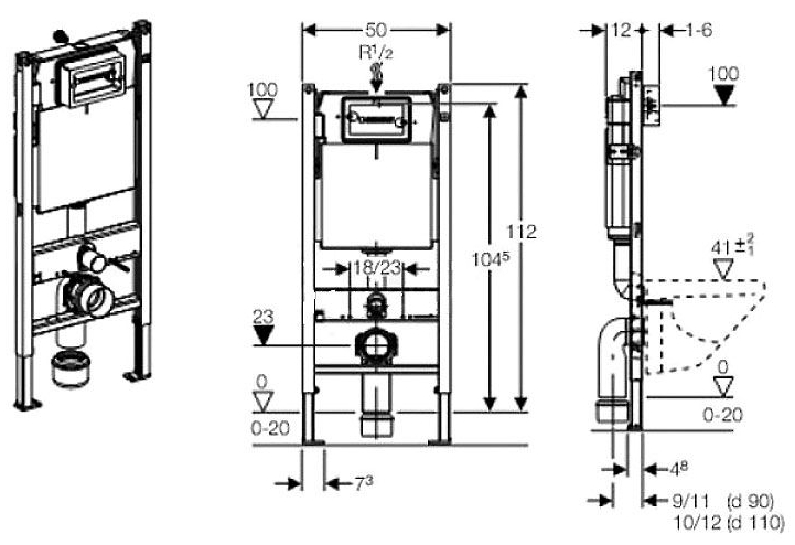 Geberit Duofix 458.126.00.1 с клавишей Delta 50 115.119.21.1 Габаритные размеры