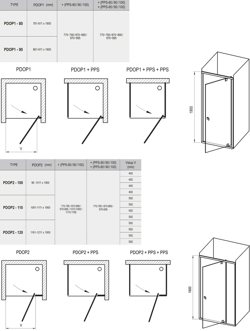 Ravak Pivot PDOP1-90 сатин+Transparent (03G70U00Z1) Габаритні розміри