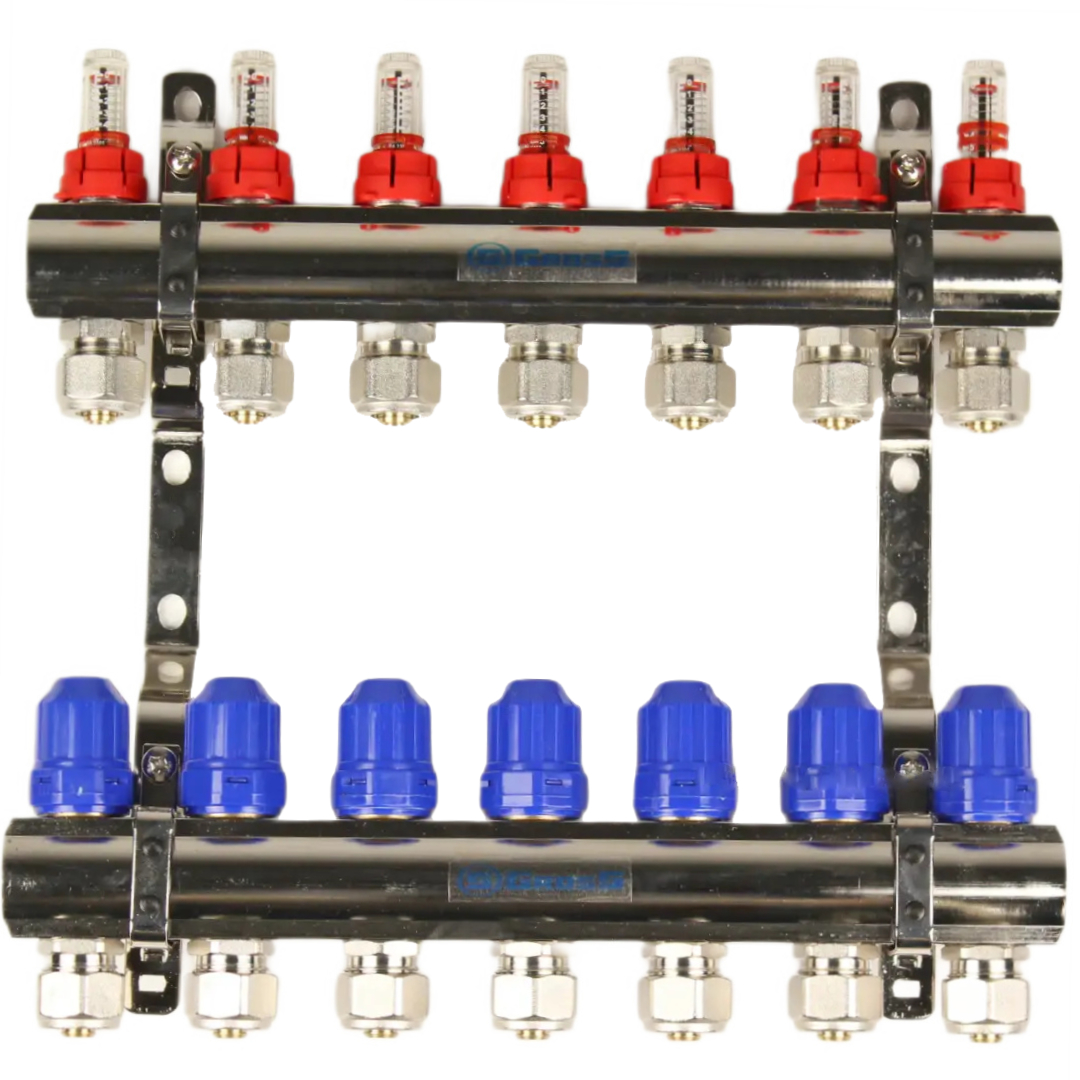 Распределительный коллектор Gross 8504 1"-3/4" - 7 выходов (никель)