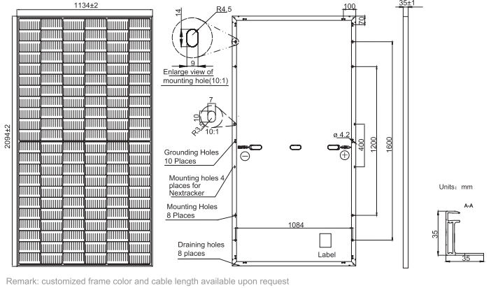 JA Solar JAM66S30 500MR Габаритные размеры