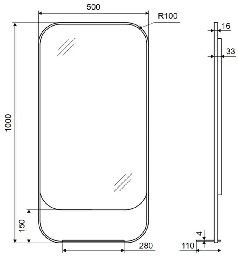 Excellent Mila 100x50 см, матовая медь (DOEX.MI100.050.CB) Габаритные размеры