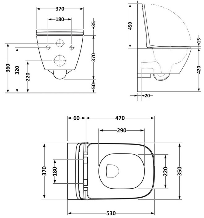 Q-Tap Gemini з сидінням Soft-close QT2533076EUQW Габаритні розміри