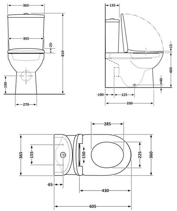 Q-Tap Dove Rimless с сиденьем Soft-close White (QT06228380BW) Габаритные размеры