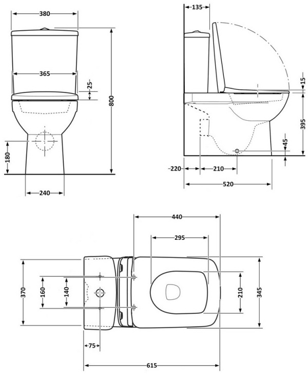 Q-Tap Aries Rimless с сиденьем Soft-close White (QT03228302W) Габаритные размеры