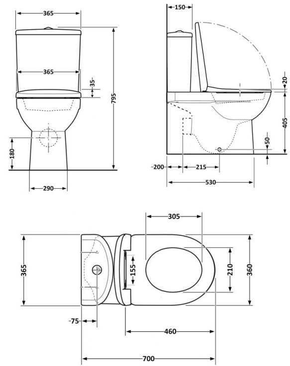 Q-Tap Kolibri Ultra Quiet с сиденьем Soft-close White (QT10226380W) Габаритные размеры