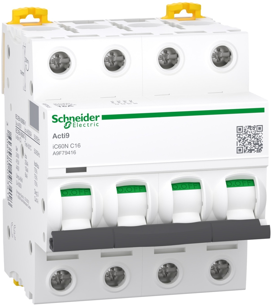 Schneider Electric Acti9 iC60N, 4P, 16A, 6kA, C (A9F79416)