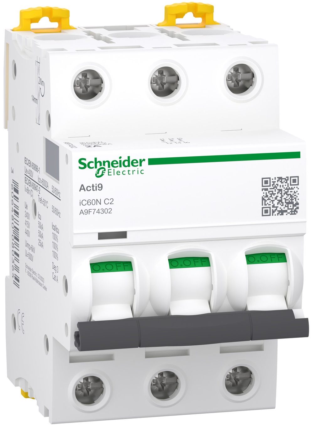 Автоматичний вимикач Schneider Electric Acti9 iC60N, 3P, 2A, 6kA, C (A9F74302)
