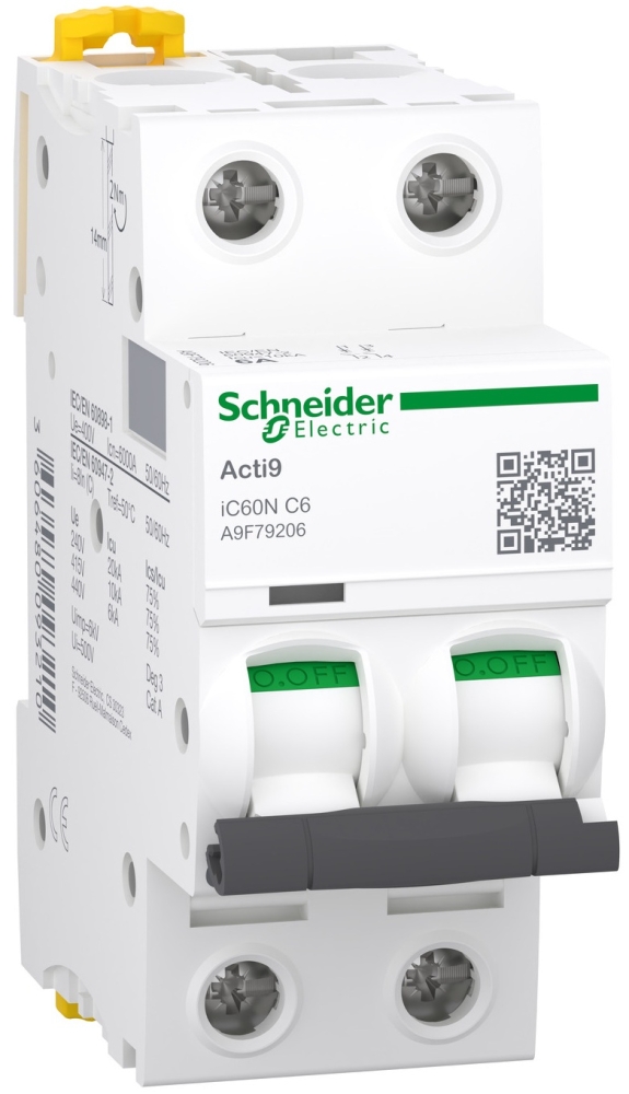 Schneider Electric Acti9 iC60N, 2P, 6A, 6kA, C (A9F79206)