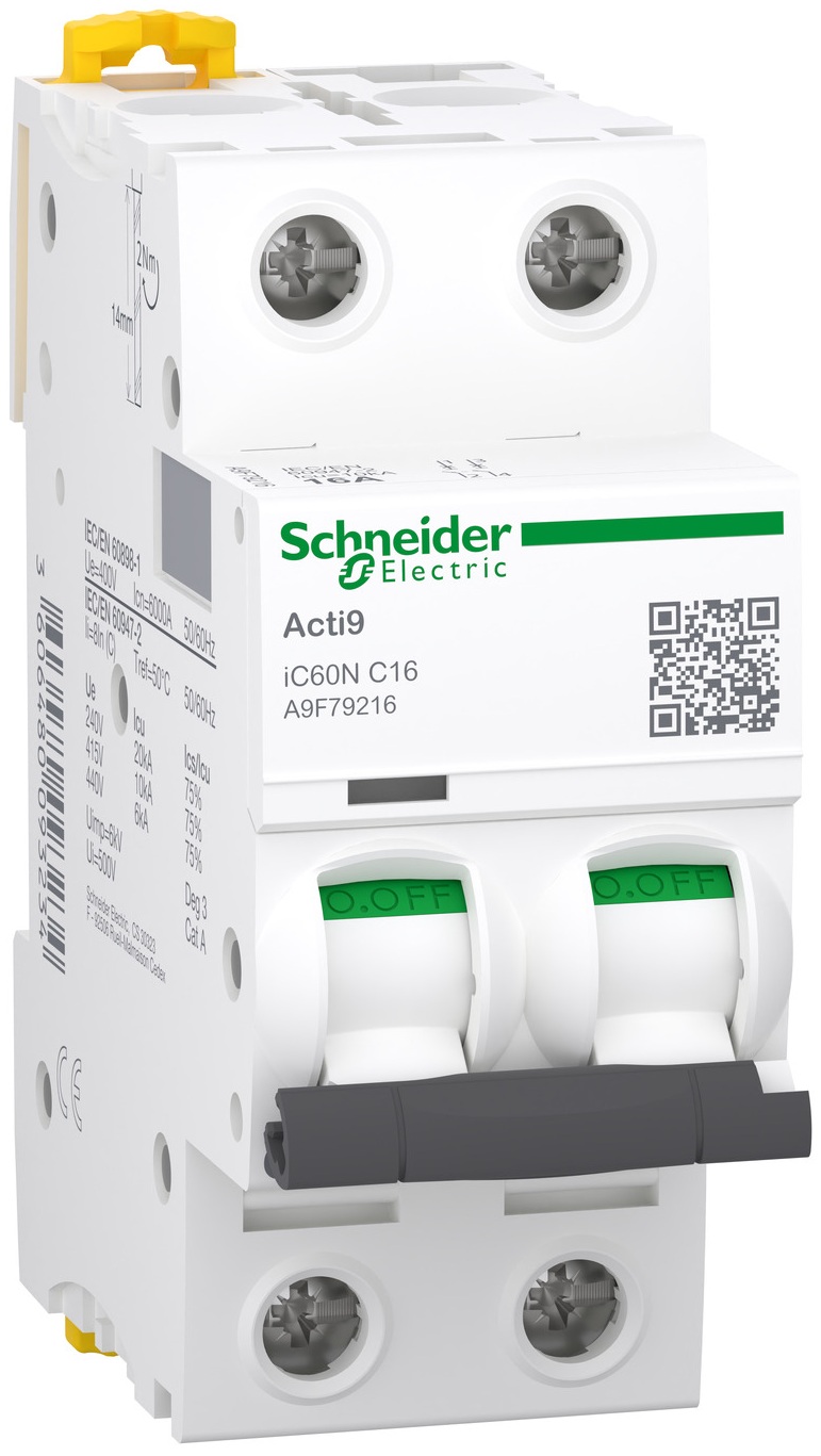 Автоматический выключатель Schneider Electric Acti9 iC60N, 2P, 16A, 6kA, C (A9F79216)