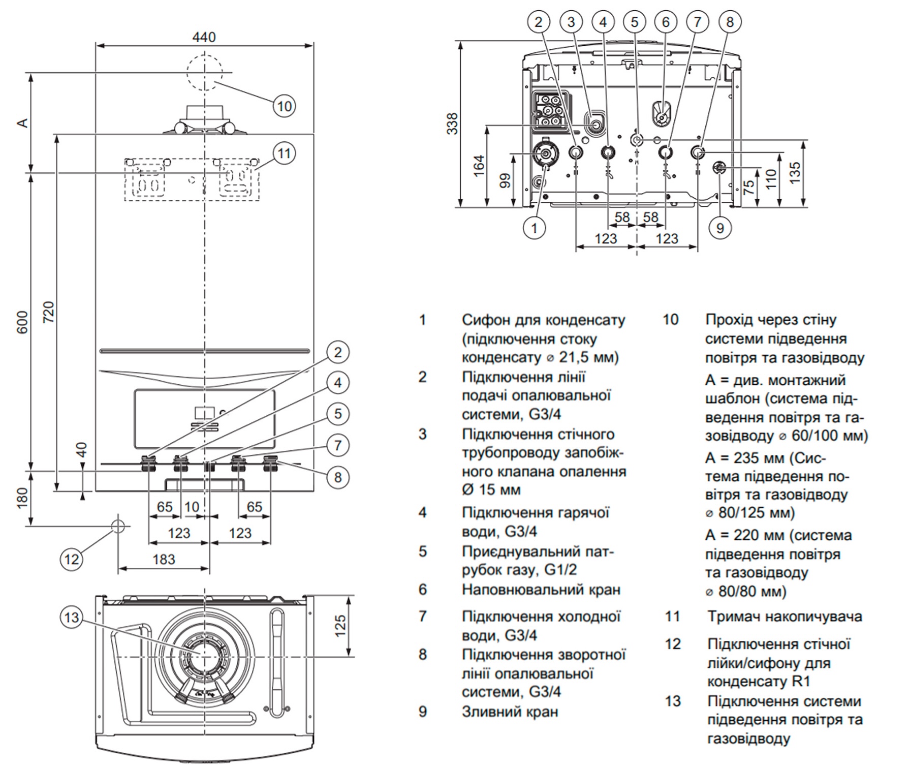 Vaillant ecoTEC pure VUW 286/7-2 + терморегулятор sensoCOMFORT VRC 720/3 + дымоход Габаритные размеры