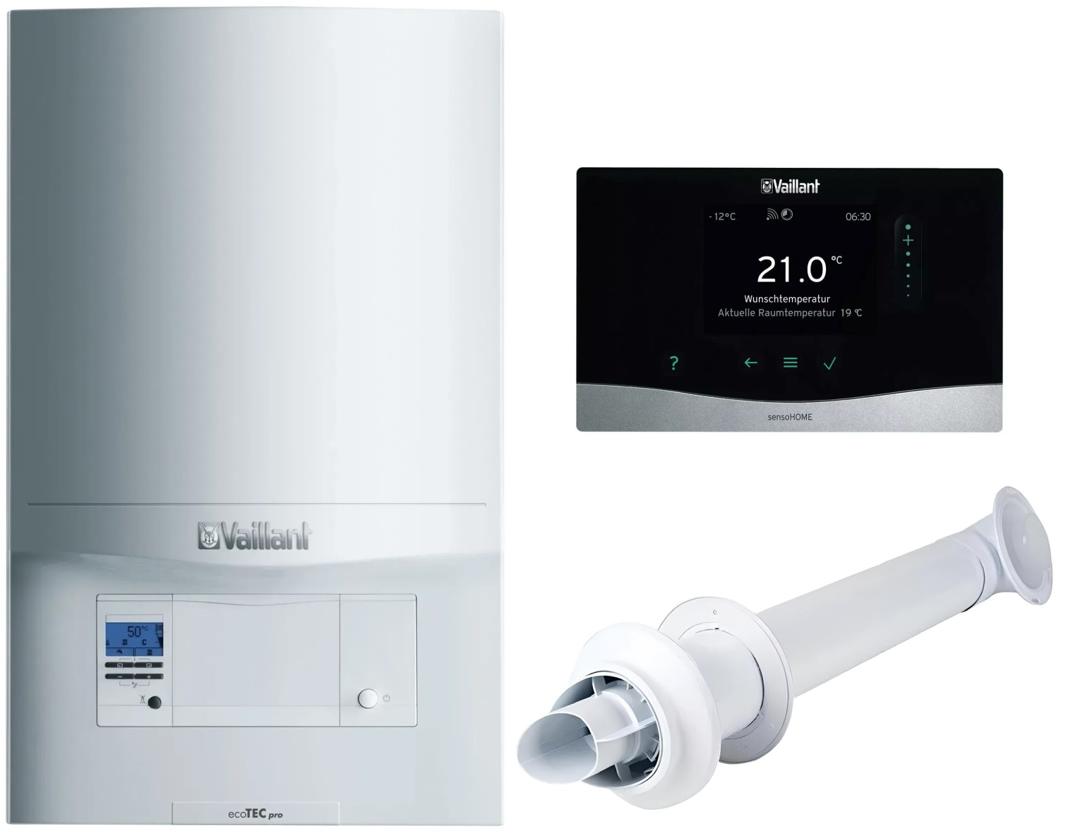 Газовый котел + пакетное предложение Vaillant ecoTec Pro VUW INT 286/5-3 H + дымоход + терморегулятор sensoHOME VRT 380/2 f
