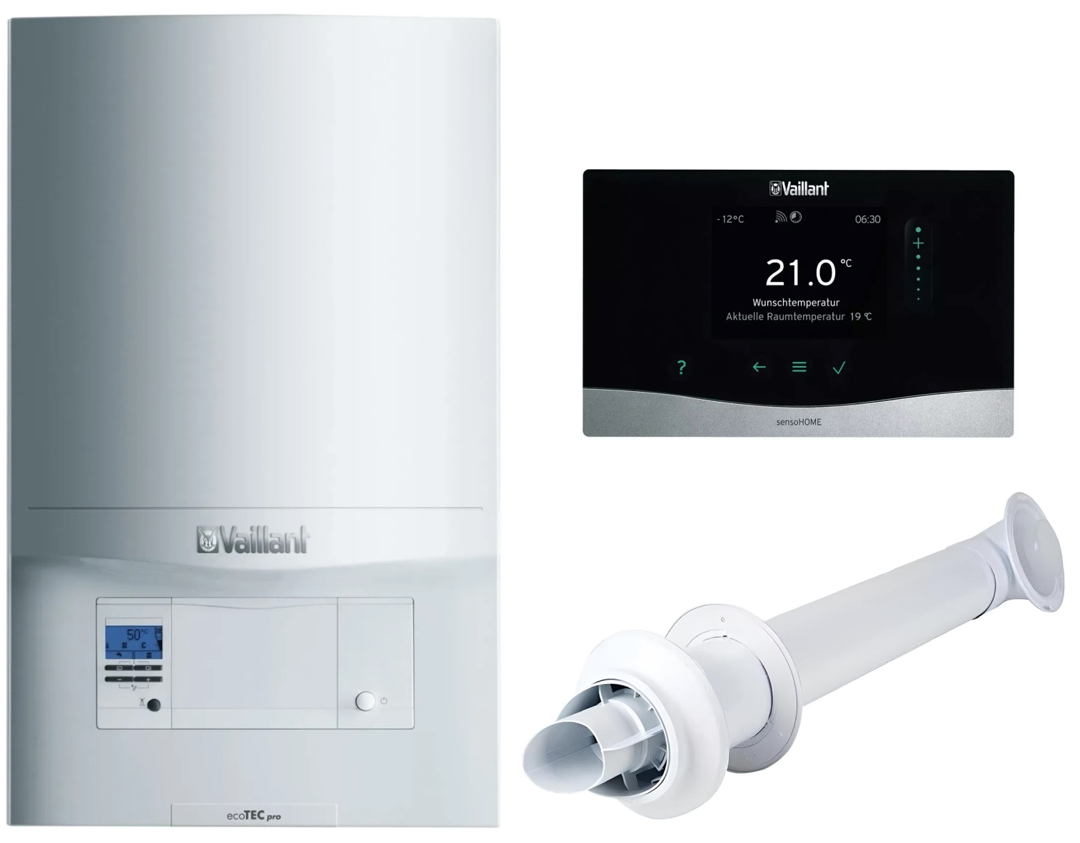 Газовый котел + пакетное предложение Vaillant ecoTEC pro VUW INT 346/5-3 + дымоход + терморегулятор sensoHOME VRT 380/2