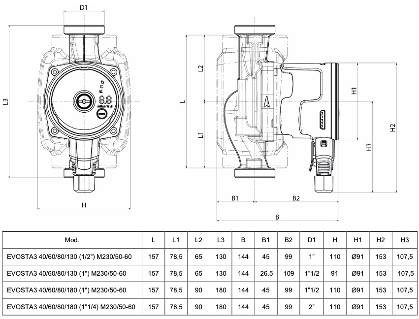 DAB Evosta3 40/180X (1"1/4) Габаритные размеры