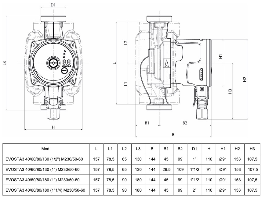 DAB Evosta3 40/130 (1") Габаритні розміри