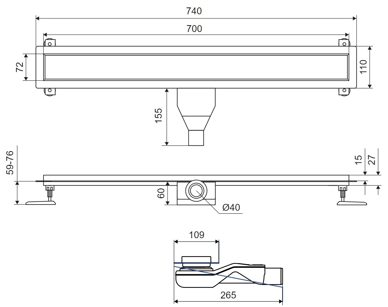Excellent Stilio 70 см черный (INEX.1515.700.P.BL) Габаритные размеры
