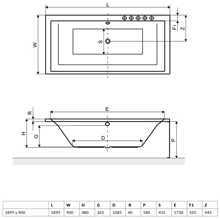 Radaway Itea 190x90 (WA1-28-190x090US) Габаритні розміри