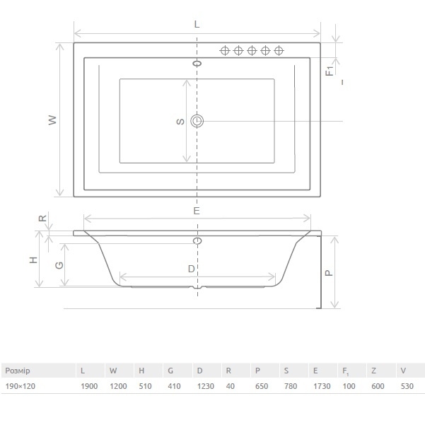Radaway Itea Lux 190x120 (WA1-29-190x120US) Габаритні розміри