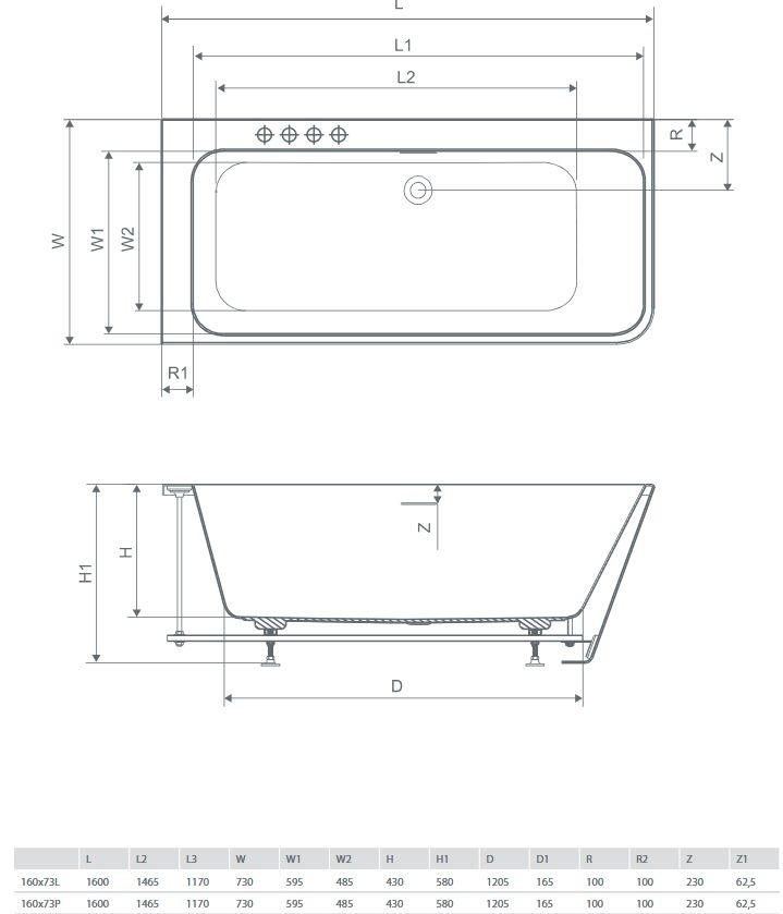 Radaway Gloria 160x73 права (WA1-54-160x073P) Габаритні розміри