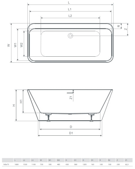 Radaway Gloria 160x73 (WA1-54-160x073) Габаритные размеры
