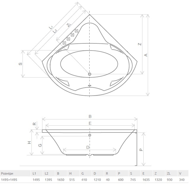 Radaway Keria 150x150 (WA1-37-150x150US) Габаритні розміри