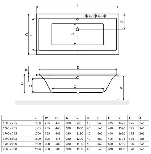Radaway Aridea 200x90 (WA1-24-200x090US) Габаритні розміри