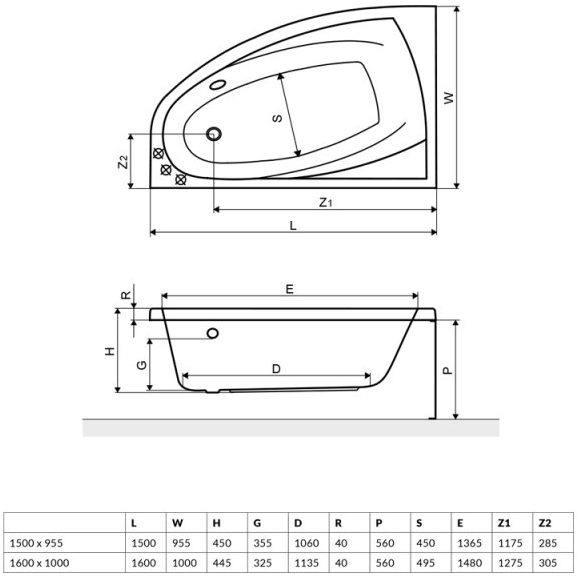 Radaway Rineia 150x95 (WA1-31-150x095PS) Габаритні розміри