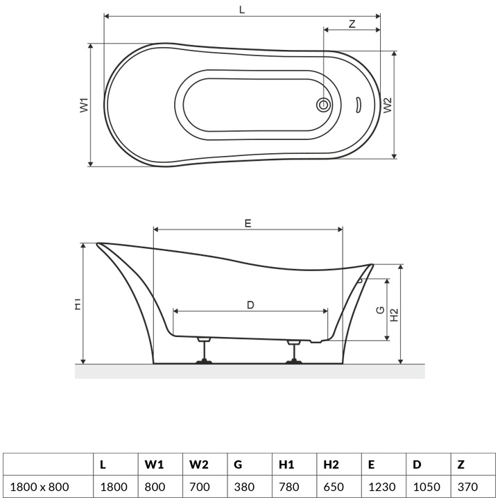 Radaway Creta 180x80 (WA1-43-180x080U) Габаритні розміри