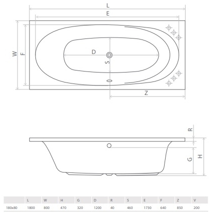 Radaway Dia 180x80 (WA1-05-180x080US) Габаритные размеры