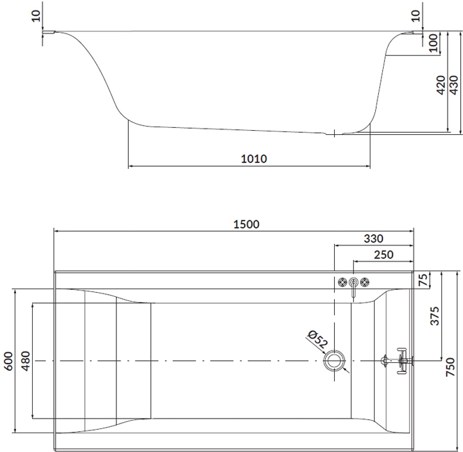 Cersanit Larga 150x75 (S301-304/AZBR1003515965) Габаритні розміри