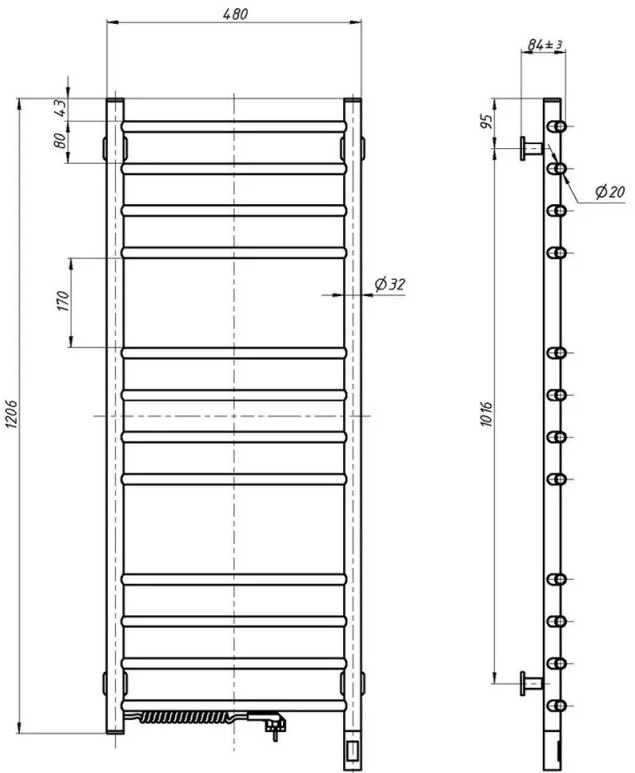 Santan Драбина Камелія 480x1200, лівостороння Габаритні розміри