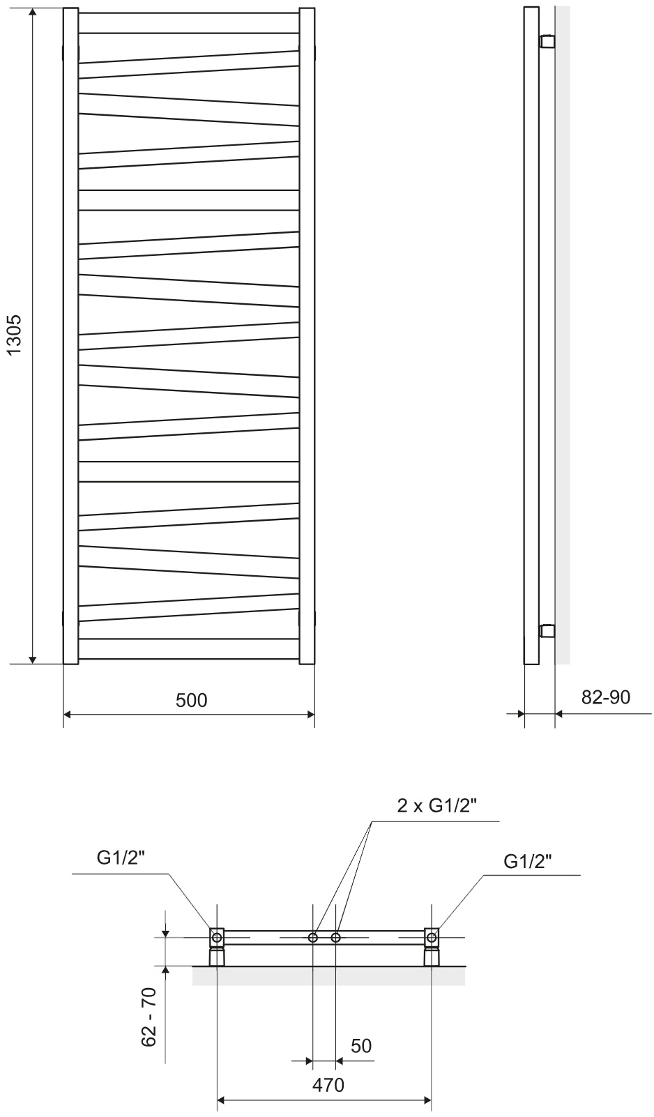 Excellent Italic 131x50 см, чорна (GREX.IT131.BL) Габаритні розміри