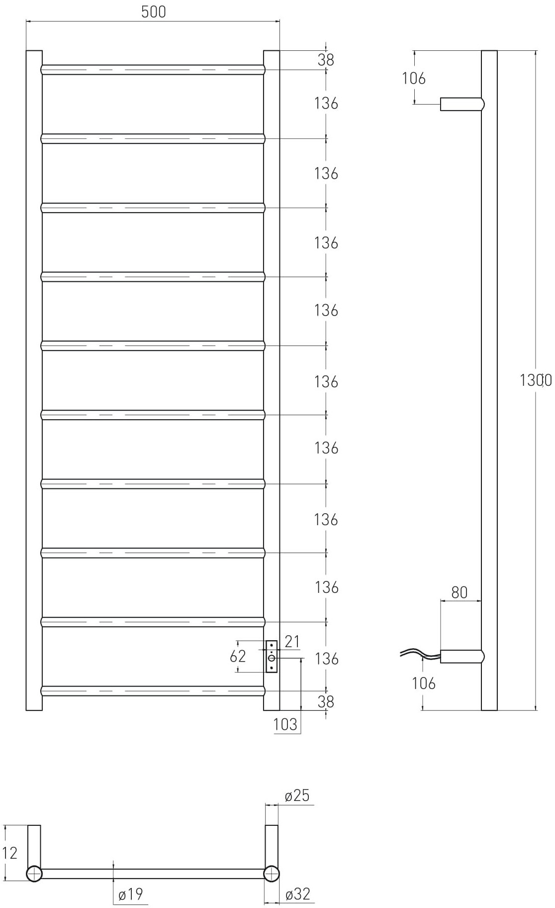 Volle Aqua Ronda 500x1300 (9235.000204) Габаритні розміри