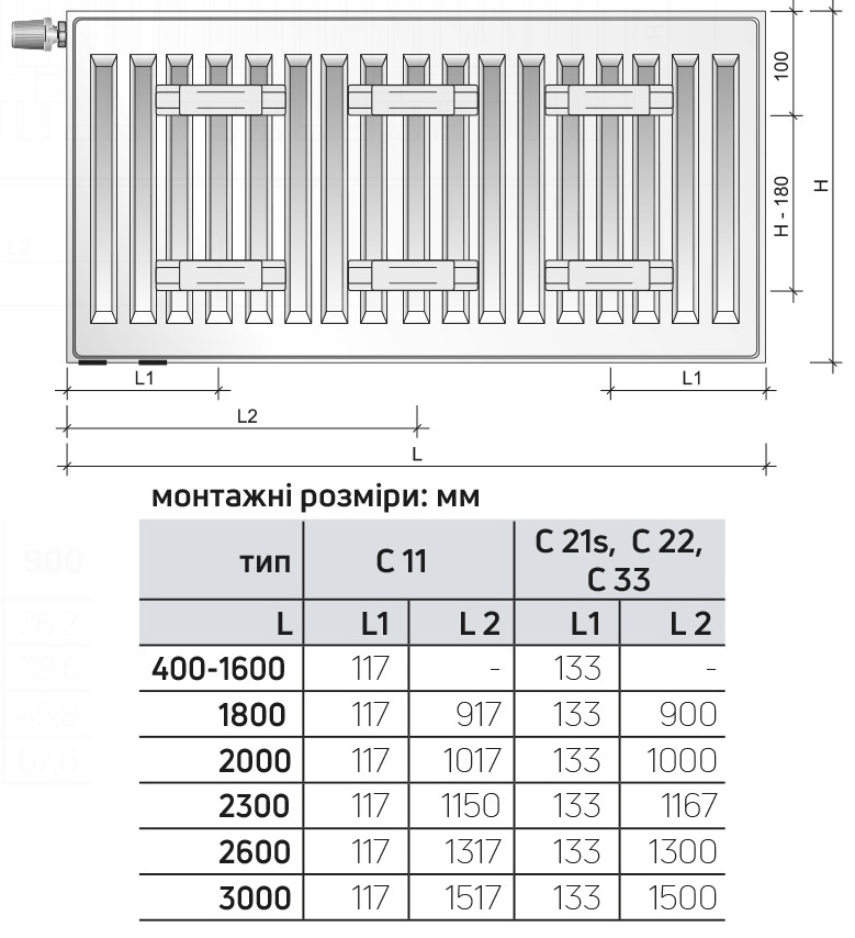Purmo Ventil Compact CV 22 тип 900x400 нижнє підключення (F072209004011300) Габаритні розміри
