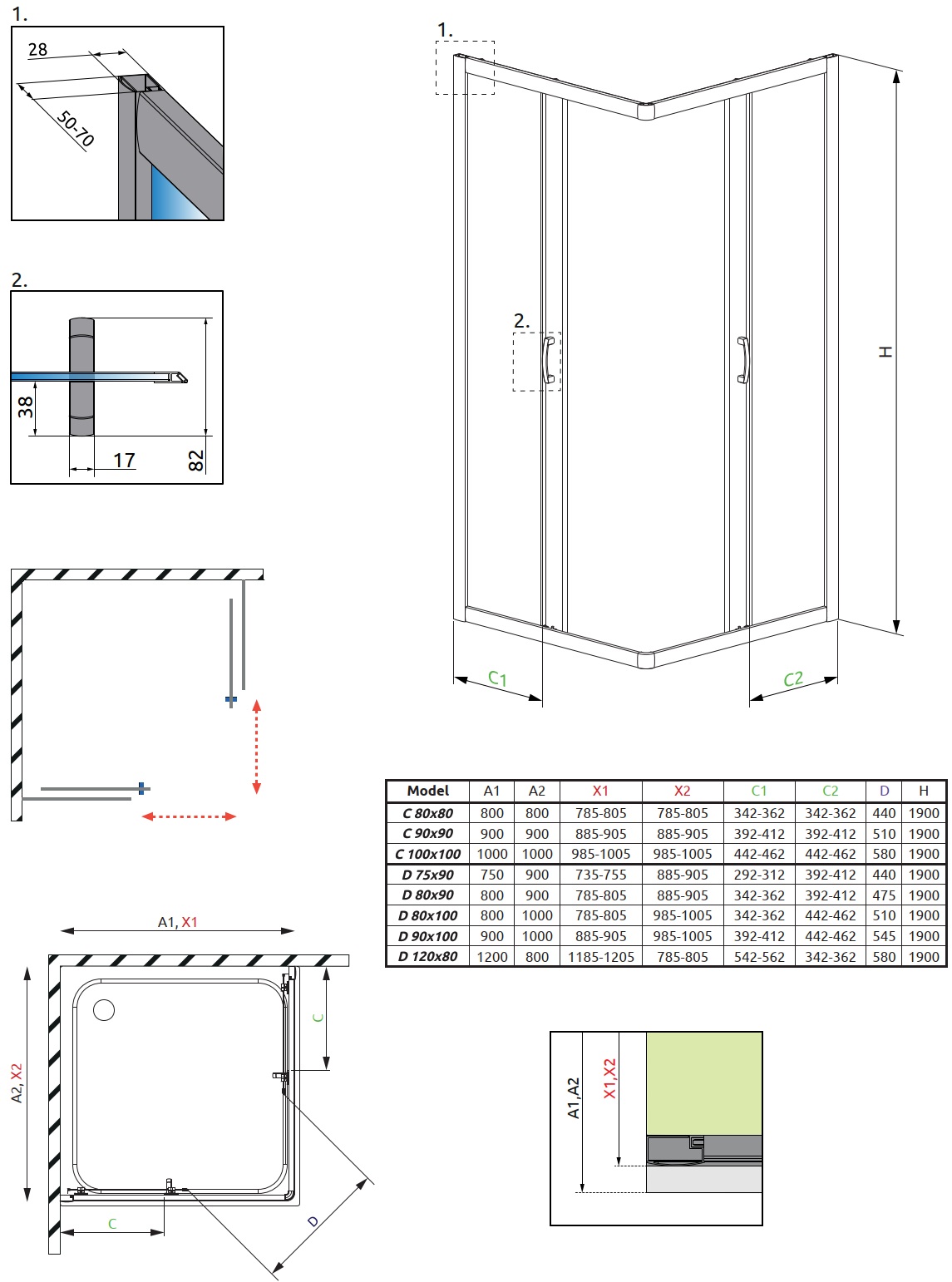 Radaway Premium Plus D 80x90 (30437-01-01N) Габаритные размеры