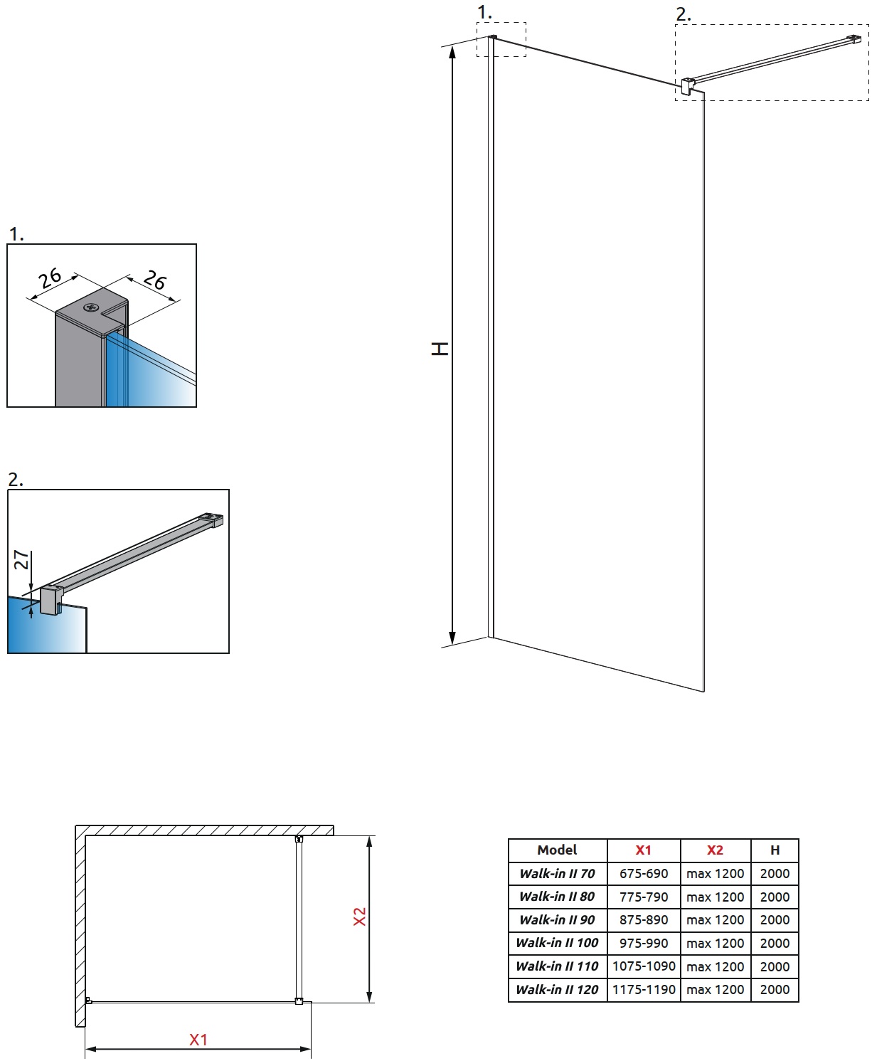 Radaway NES Walk-in II 90x200 (10013090-01-01) Габаритні розміри