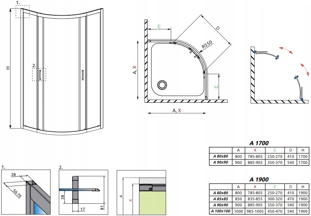 Radaway Premium Plus A 90x90 (30401-01-06N) Габаритні розміри