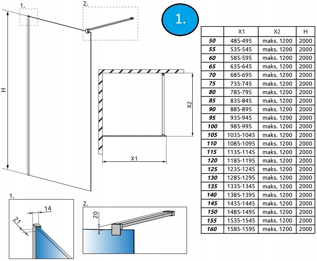 Radaway Modo New II 80x200 (389084-01-01) Габаритні розміри