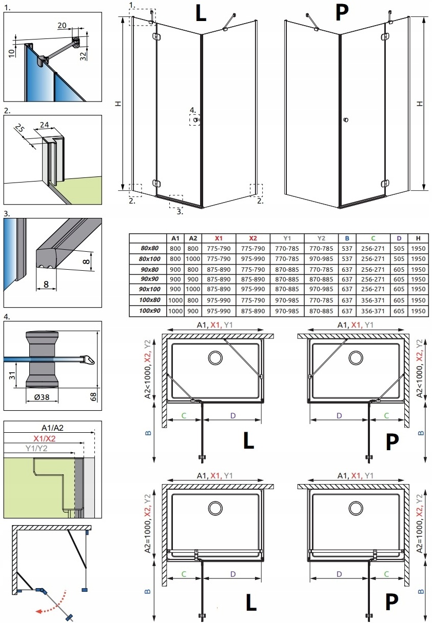 Radaway Torrenta KDJ 90x90 (132202-01-01L) Габаритные размеры