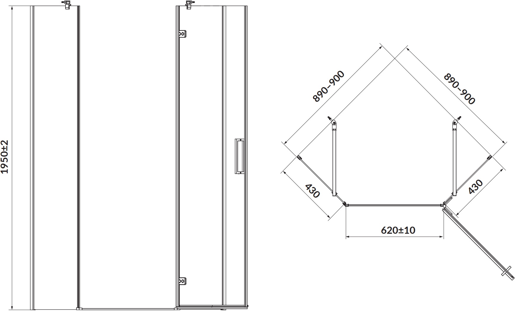 Cersanit Jota 90x90x195 R (S160-015) Габаритні розміри