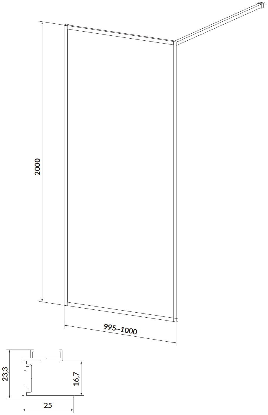 Cersanit Walk-in Larga 100x200 (S932-136) Габаритні розміри