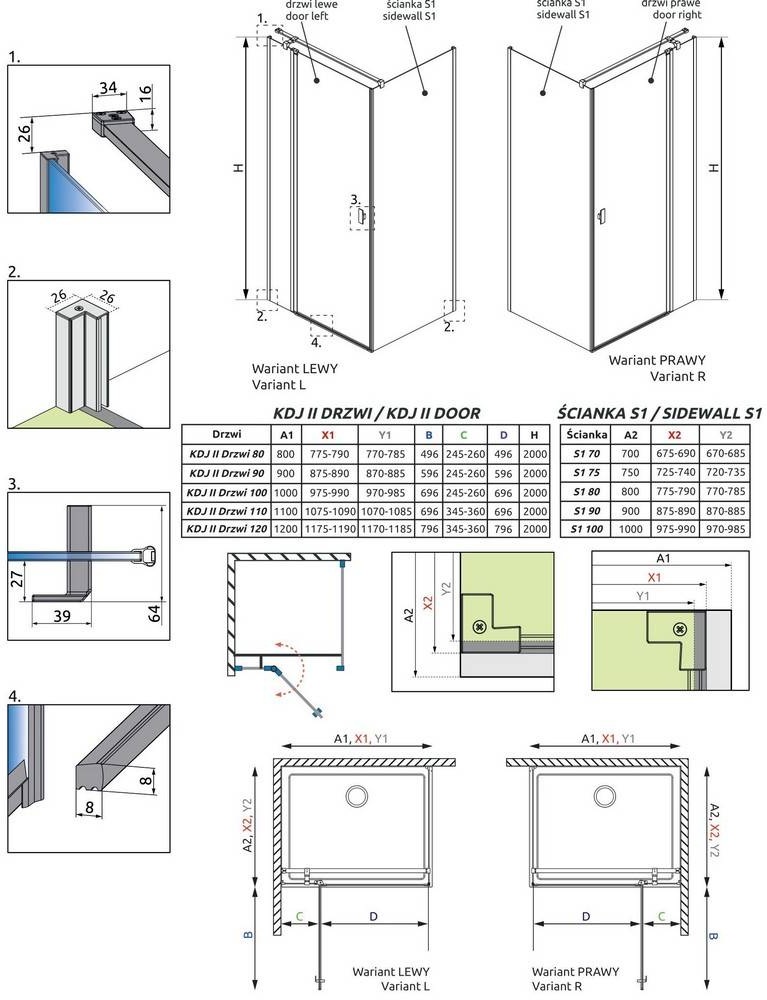 Radaway NES Black KDJ II 110x200 (10032110-54-01L) Габаритні розміри