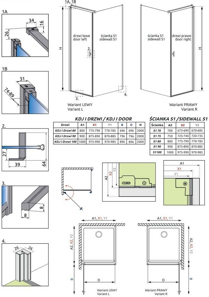 Radaway NES KDJ I 90x200 (10022090-01-01L) Габаритні розміри