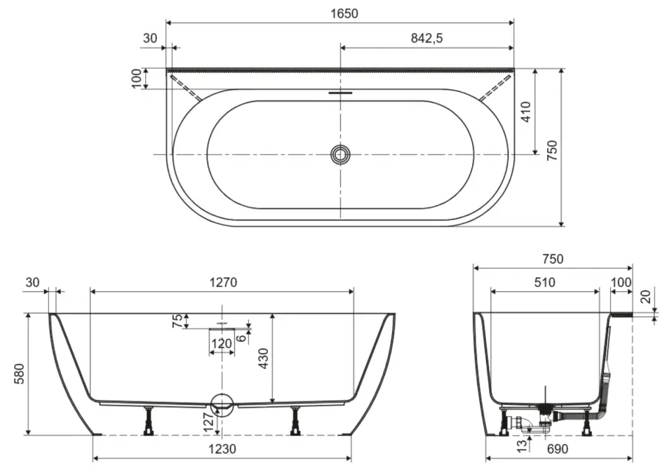 Excellent Oceana 2.0 165x75 права (WAEX.OCE2.165WP.WH) Габаритні розміри