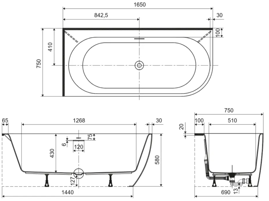 Excellent Oceana 2.0 165x75 ліва (WAEX.OCE2.165NL.WH) Габаритні розміри