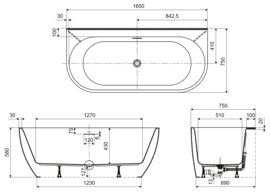 Excellent Oceana 2.0 165x75 (WAEX.OCE2.165WP.WH) Габаритні розміри