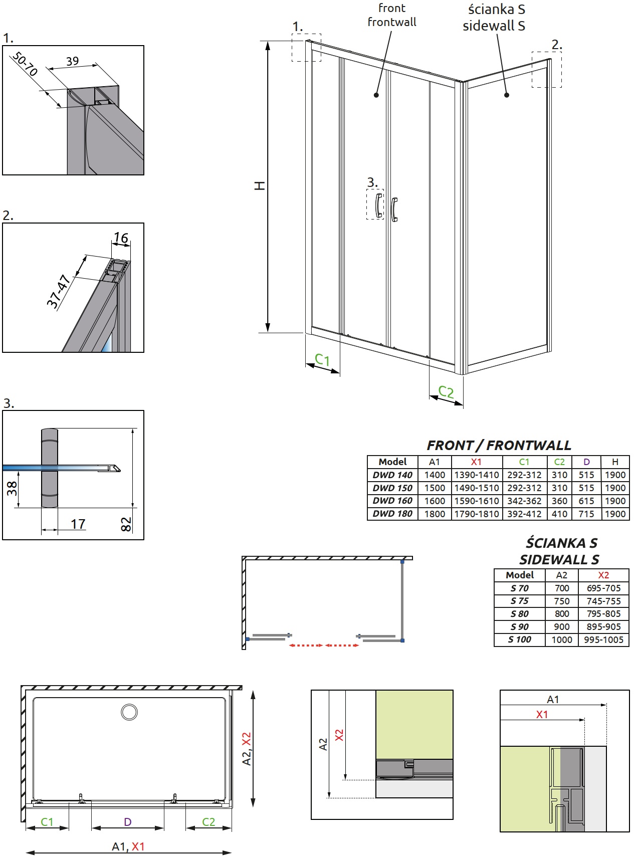 Radaway Premium Plus S 90x190 (33403-01-06N) Габаритні розміри
