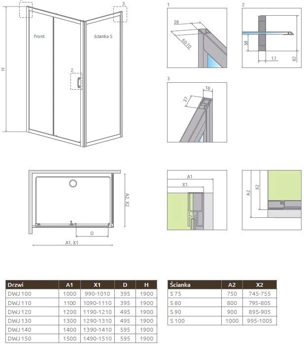 Radaway Premium Plus S 75x190 (33402-01-01N) Габаритні розміри